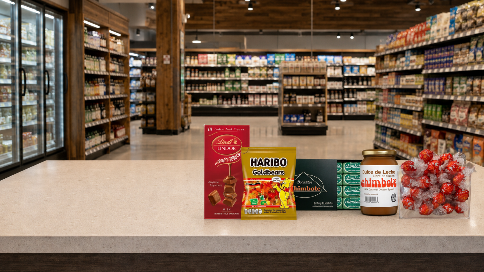 Selección mayorista de chocolates Lindt, productos Chimbote y gomitas Haribo frente a las góndolas de un supermercado